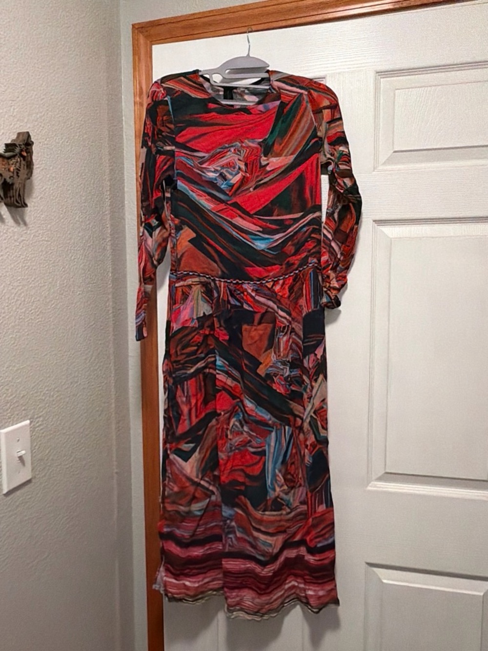 Long Sleeve Abstract Print Maxi Dress in Red Multi
